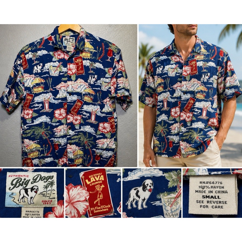 Big Dogs Hawaiian Shirt Mens Small Short-Sleeve Lava Lounge Print 100% Rayon